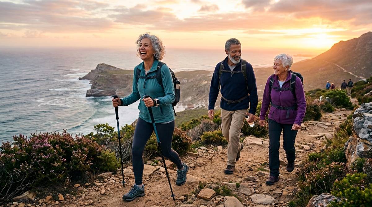 Group of adults hiking outdoors at sunset