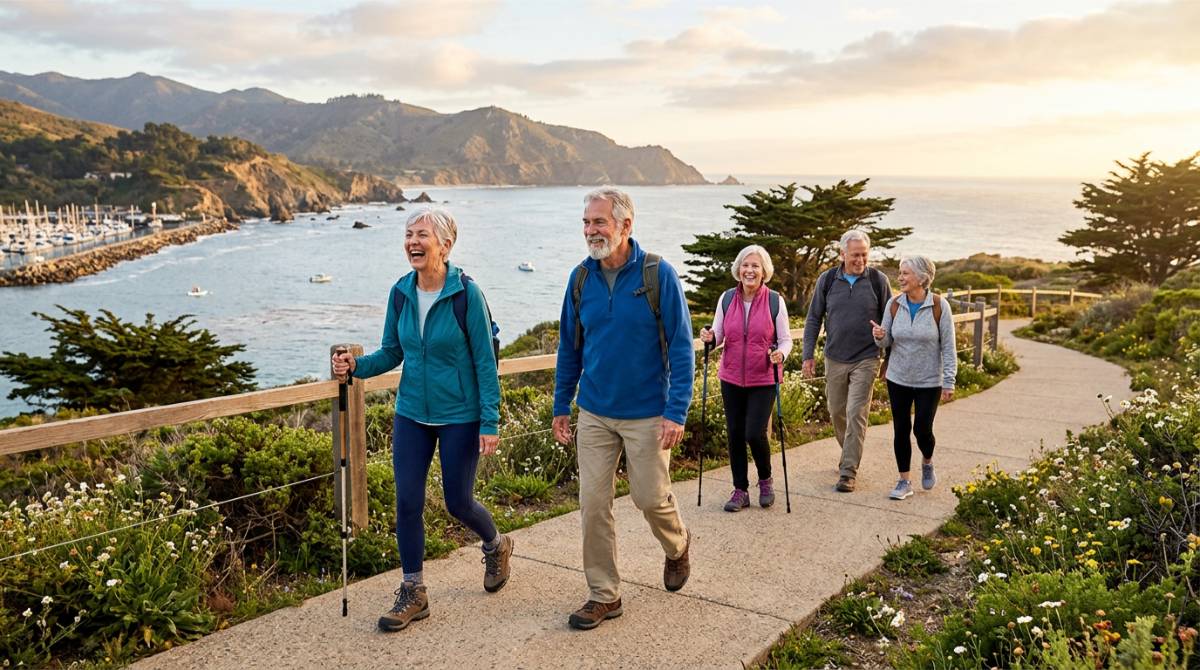 Adults hiking together at sunset